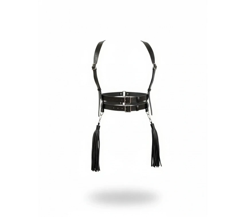 Siyah Kadın Kemer Çift Tokalı Omuz Detaylı Vücut Aksesuarı - Brf1393