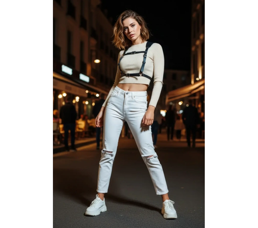 Siyah Kadın Kemer Deri Çoklu Tokalı Göğüs Detaylı - Brf1269