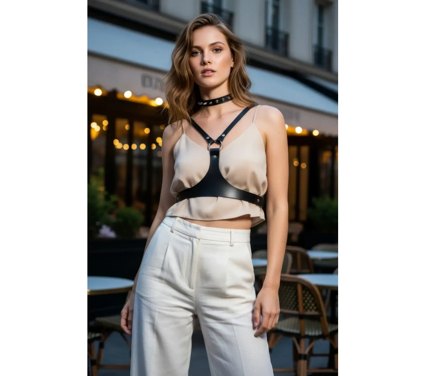 Siyah Kadın Kemer Deri Göğüs Üstü Vücut Aksesuarı - Brf1299