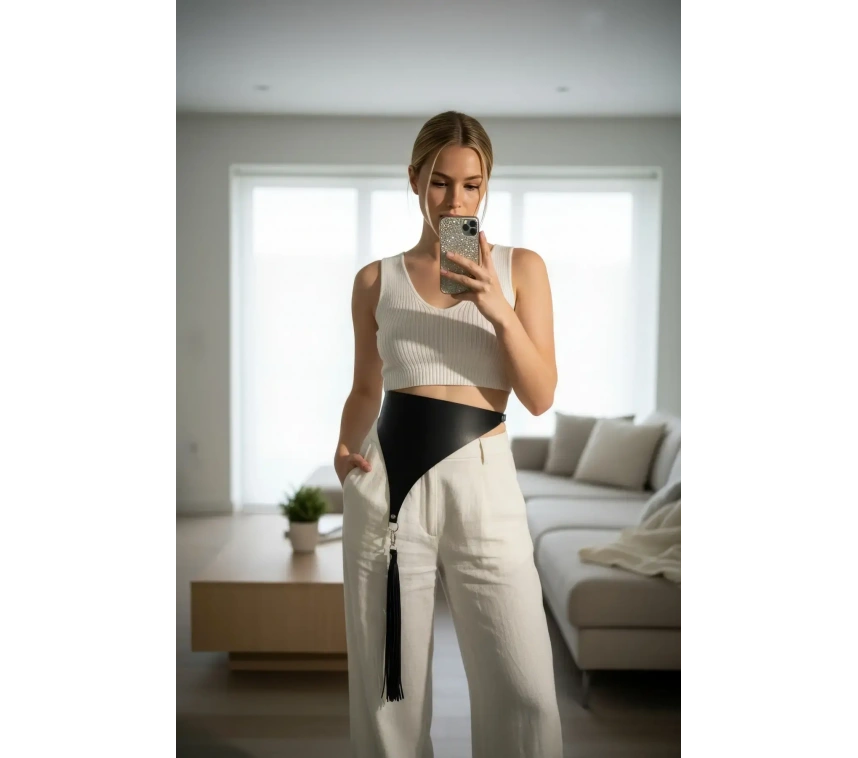 Siyah Kadın Kemer Geniş Asimetrik Kesimli Püskül Detaylı - Brf1198