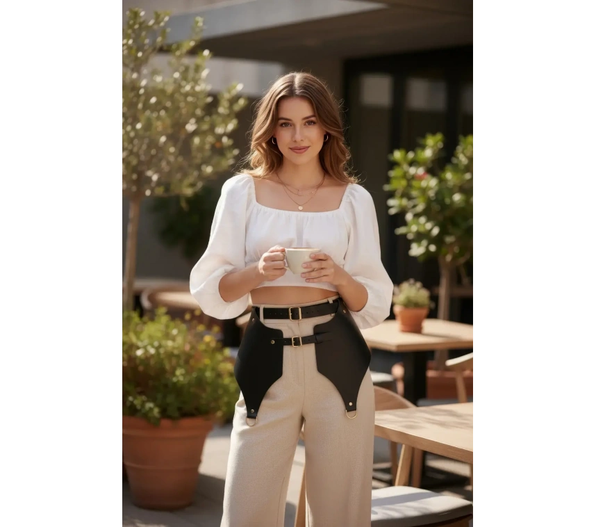 Siyah Kadın Kemer Geniş Panelli Çift Tokalı Bel Aksesuarı - Brf1119