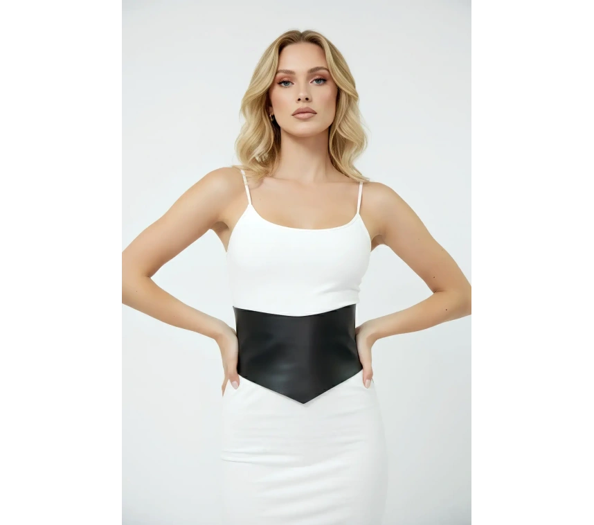 Siyah Kadın Kemer Geniş Suni Deri Korsaj Bel Kemeri - Brf1112