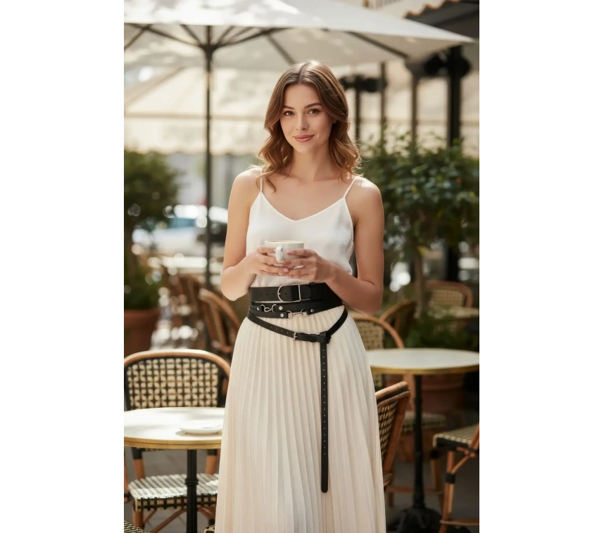 Siyah Kadın Kemer Kalın Ve İnce İkili Bel Aksesuarı - Brf1129