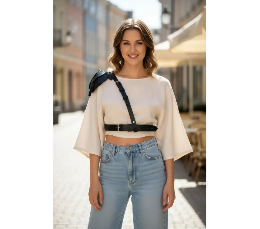 Siyah Kadın Kemer Omuz Detaylı Deri Vücut Aksesuarı - Brf1033