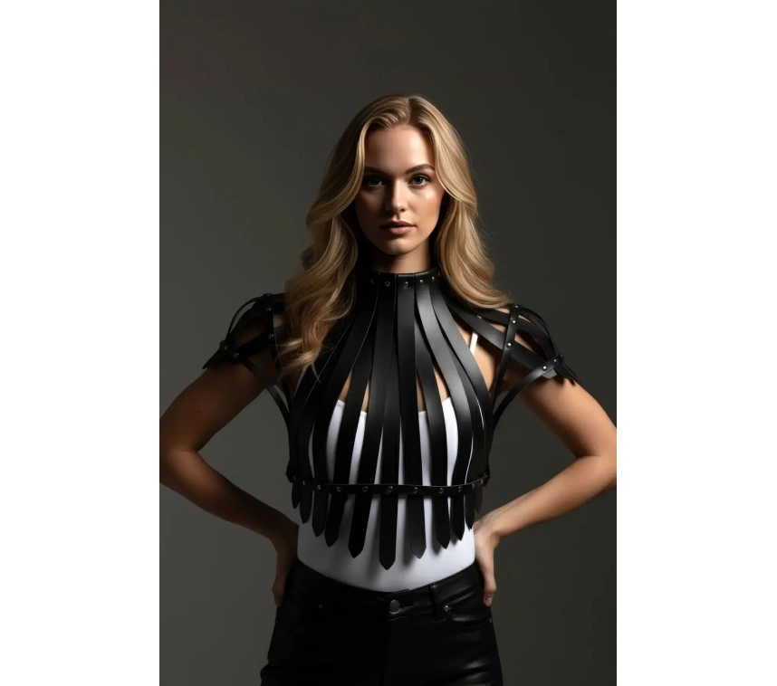 Siyah Kadın Kemer Şerit Detaylı Yüksek Yaka Zımbalı - Brf1257