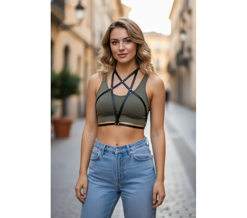 Siyah Kadın Kemer Suni Deri Çapraz Göğüs Detaylı - Brf180