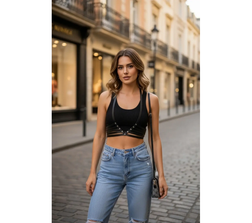 Siyah Kadın Kemer Zımba Detaylı Deri Vücut Kemeri - Brf199