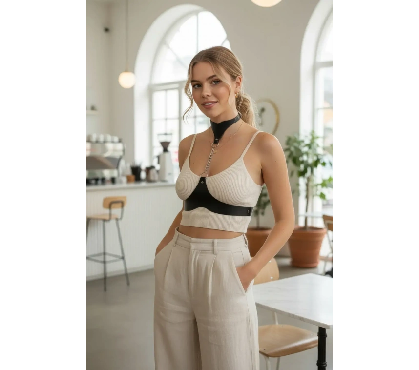 Siyah Kadın Kemer Zincir Detaylı Yüksek Yaka Korse - Brf1265