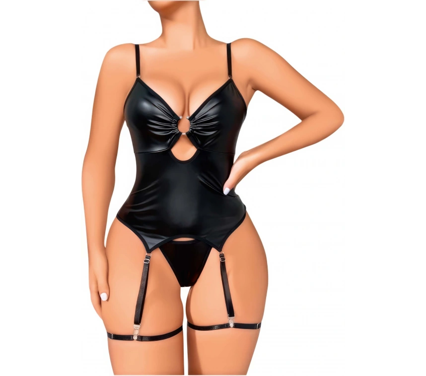 Siyah Lame Fantezi Deri Jartiyer Takımı