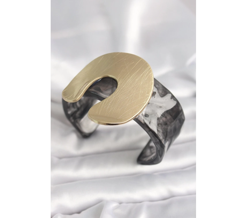 Siyah Mermer Desen Akrilik Plastik Gold Nal Model Plaka Vintage Kadın Bilezik