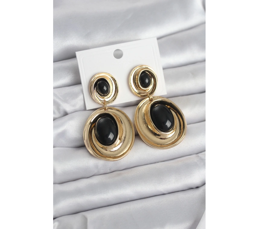 Siyah Sallantılı Damla Model Gold Renk Vintage Kadın Küpe