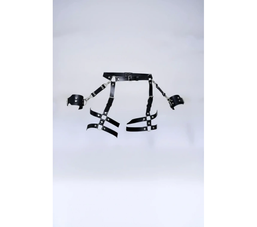 Siyah Tanga - Külot Çoklu Kemerli Metal Detaylı Bilek Kelepçeli Jartiyer - Brf1022