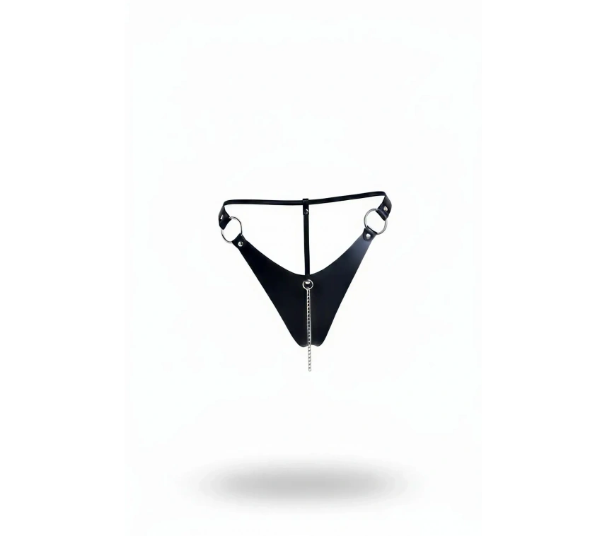Siyah Tanga - Külot Deri Metal Halka Zincirli - Brf1275