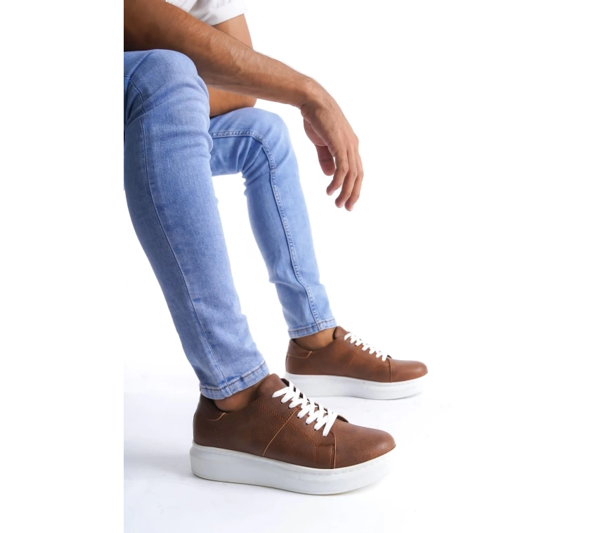 SLW151 Boost Bağcıklı Cilt Erkek Günlük Sneaker Ayakkabı CBT - Taba
