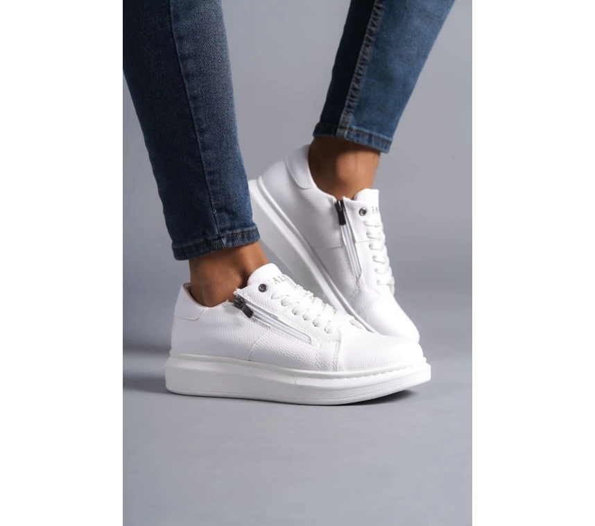 SLW155 Warrior Bağcıklı ve Fermuarlı Cilt Erkek Günlük Sneaker Ayakkabı CBT - Beyaz