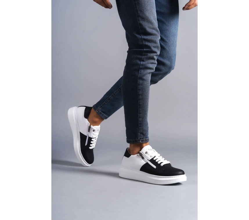 SLW155 Warrior Bağcıklı ve Fermuarlı Cilt Erkek Günlük Sneaker Ayakkabı CBT - Beyaz/Siyah