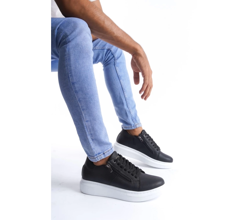 SLW155 Warrior Bağcıklı ve Fermuarlı Cilt Erkek Günlük Sneaker Ayakkabı CBT - Siyah