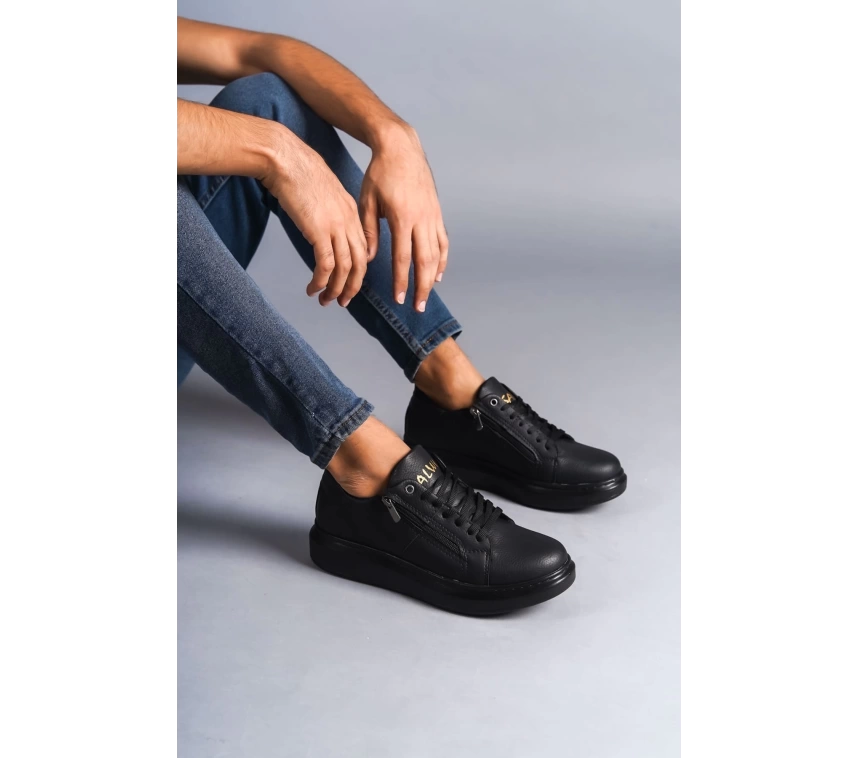SLW155 Warrior Bağcıklı ve Fermuarlı Cilt Erkek Günlük Sneaker Ayakkabı CST - Siyah