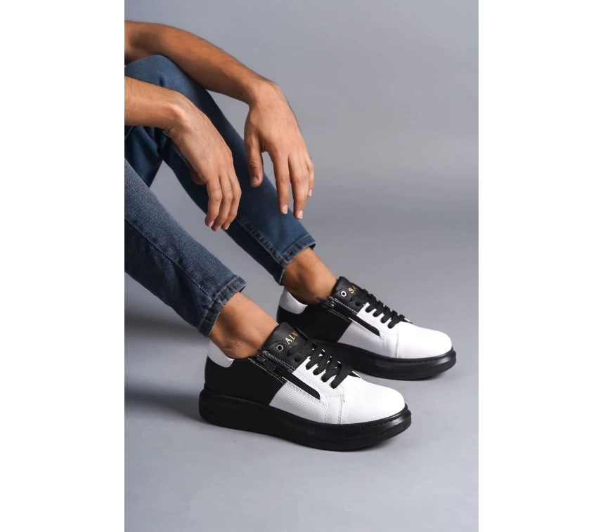 SLW155 Warrior Bağcıklı ve Fermuarlı Cilt Erkek Günlük Sneaker Ayakkabı CST - Siyah/Beyaz