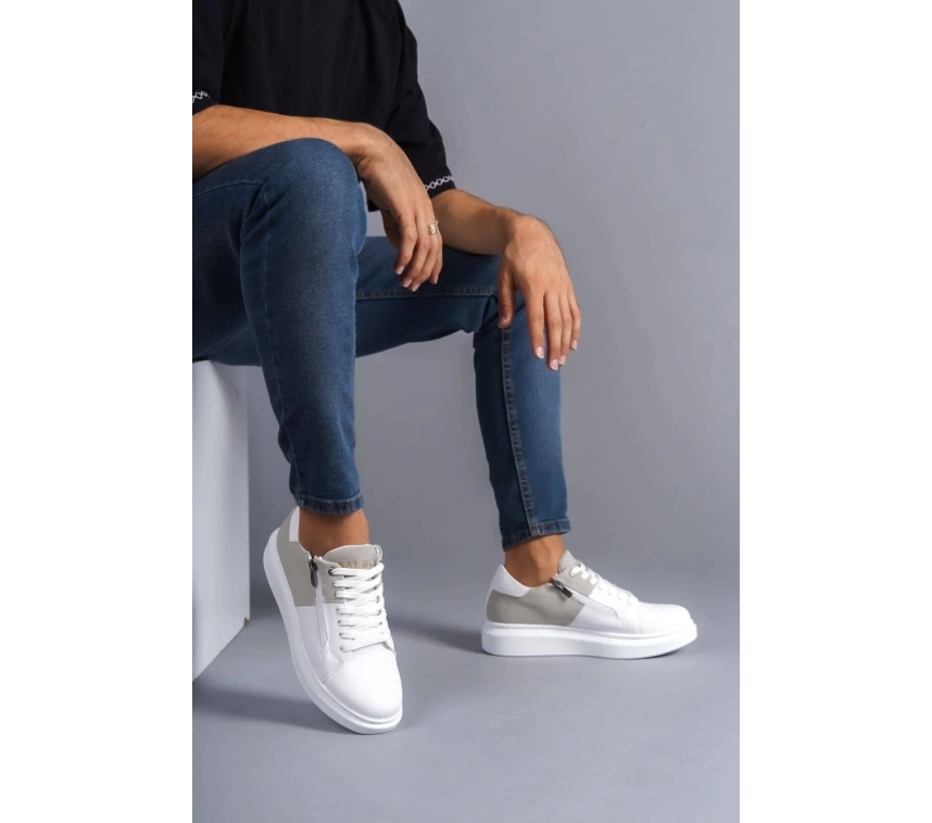 SLW155 Warrior Bağcıklı ve Fermuarlı Cilt Süet Erkek Günlük Sneaker Ayakkabı CSBT - Beyaz/Gri