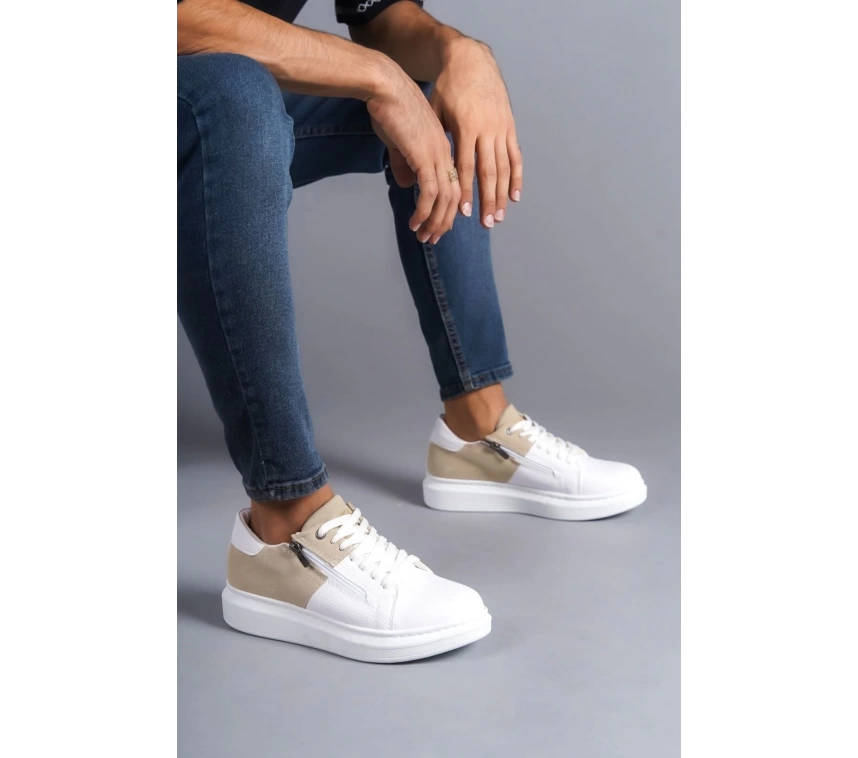 SLW155 Warrior Bağcıklı ve Fermuarlı Cilt Süet Erkek Günlük Sneaker Ayakkabı CSBT - Beyaz/Krem
