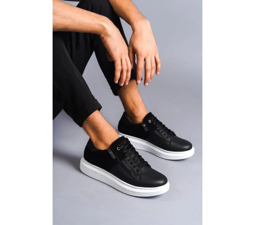 SLW155 Warrior Bağcıklı ve Fermuarlı Cilt Süet Erkek Günlük Sneaker Ayakkabı CSBT - Siyah