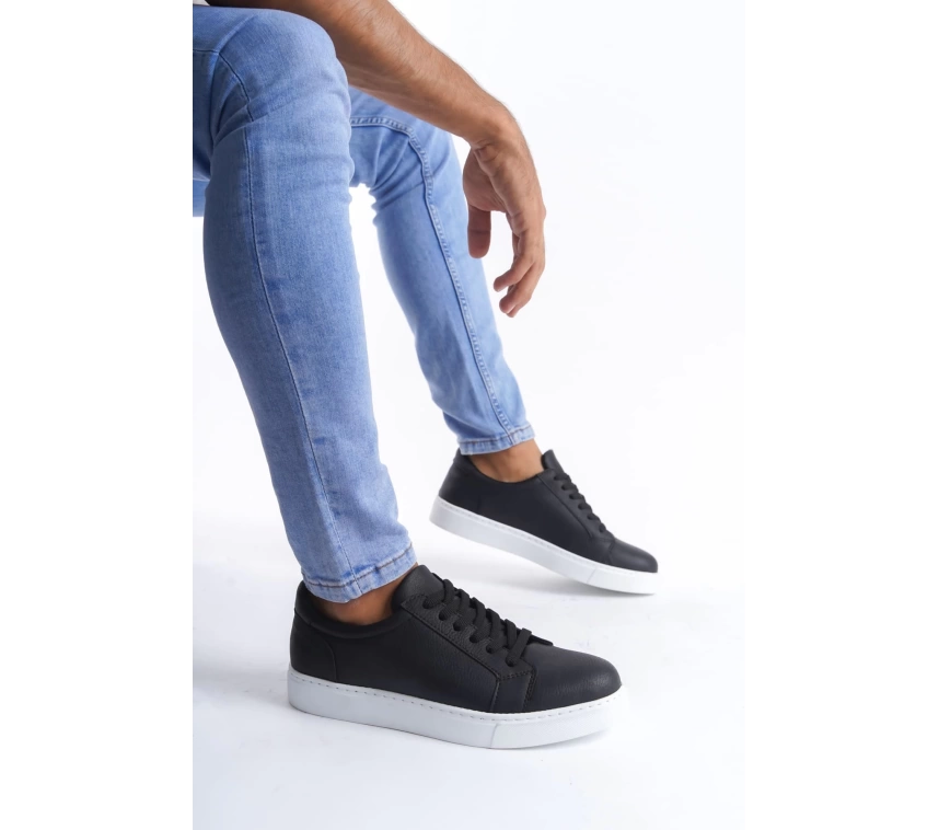 SLW165 Elite Bağcıklı Cilt Erkek Günlük Sneaker Ayakkabı CBT - Siyah