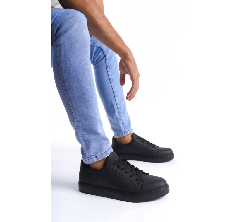 SLW165 Elite Bağcıklı Cilt Erkek Günlük Sneaker Ayakkabı CST - Siyah