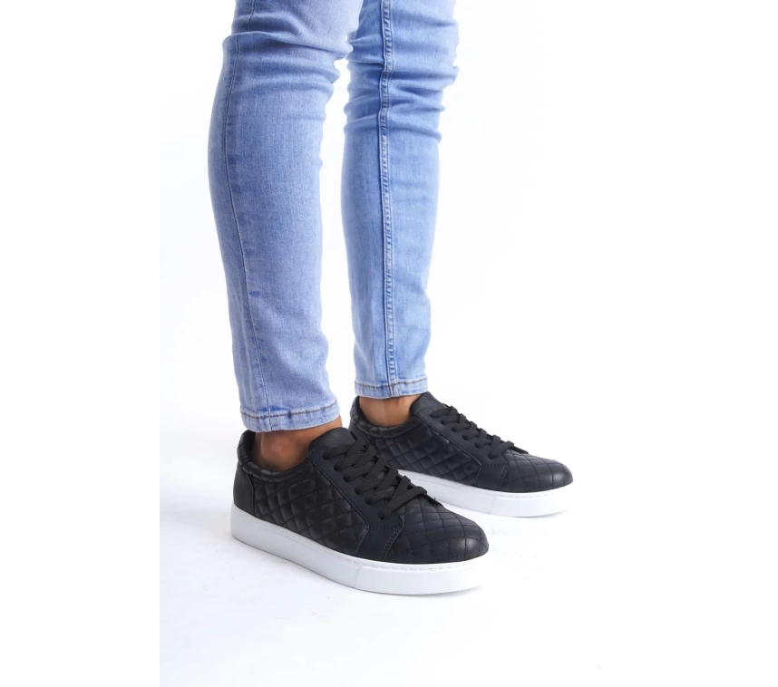 SLW166 Prestige Bağcıklı Cilt Kapitone Desenli Erkek Günlük Sneaker Ayakkabı CBT - Siyah