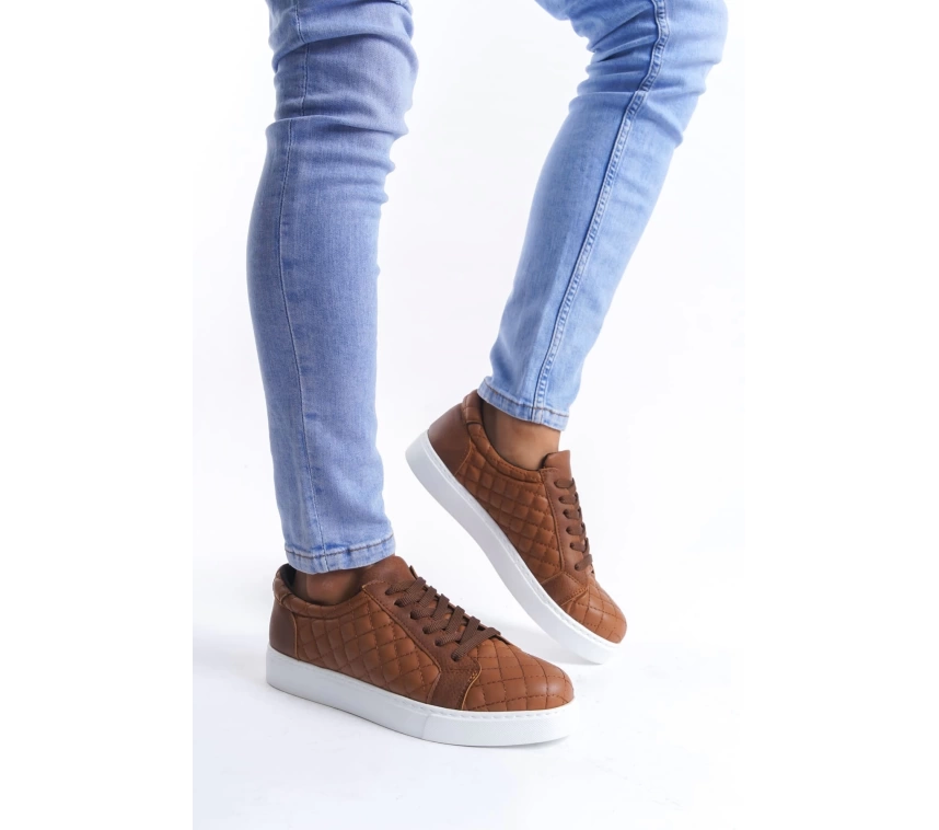 SLW166 Prestige Bağcıklı Cilt Kapitone Desenli Erkek Günlük Sneaker Ayakkabı CBT - Taba