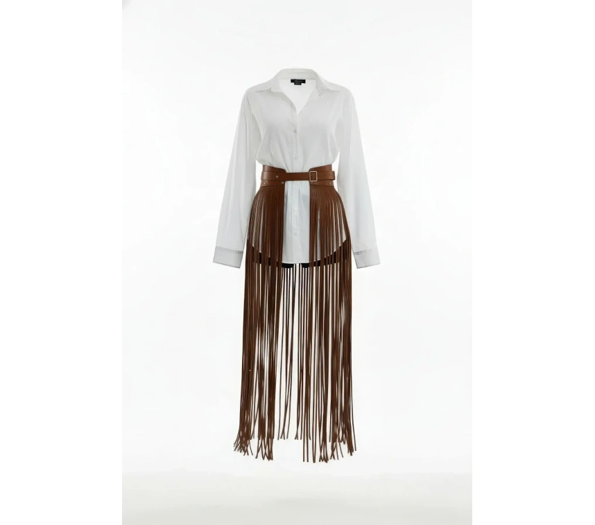 Taba Etek Uzun Püsküllü Suni Deri Etek - Brf1003