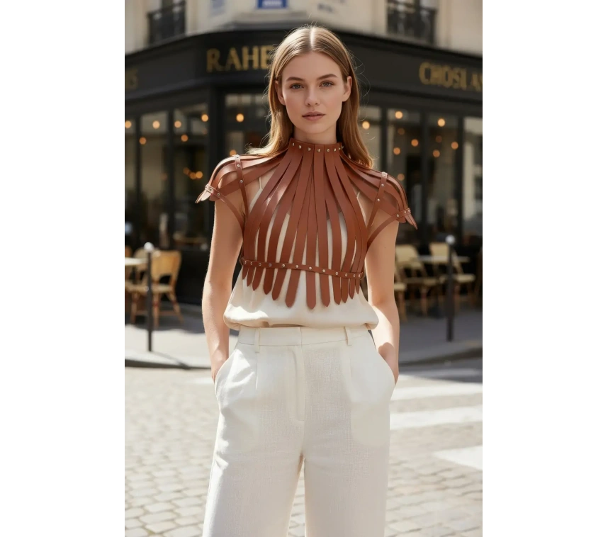 Taba Kadın Kemer Deri Şeritli Yüksek Yaka Vücut Aksesuarı - Brf1257