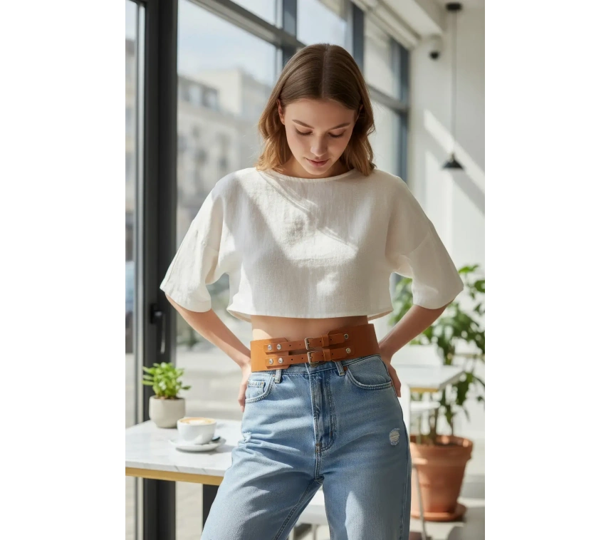 Taba Kadın Kemer Kalın Çift Tokalı Bel Aksesuarı - Brf1203