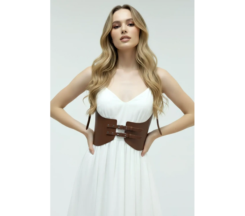 Taba Renk Kalın Kadın Kemeri, Deri Kemer Harness - Brf605