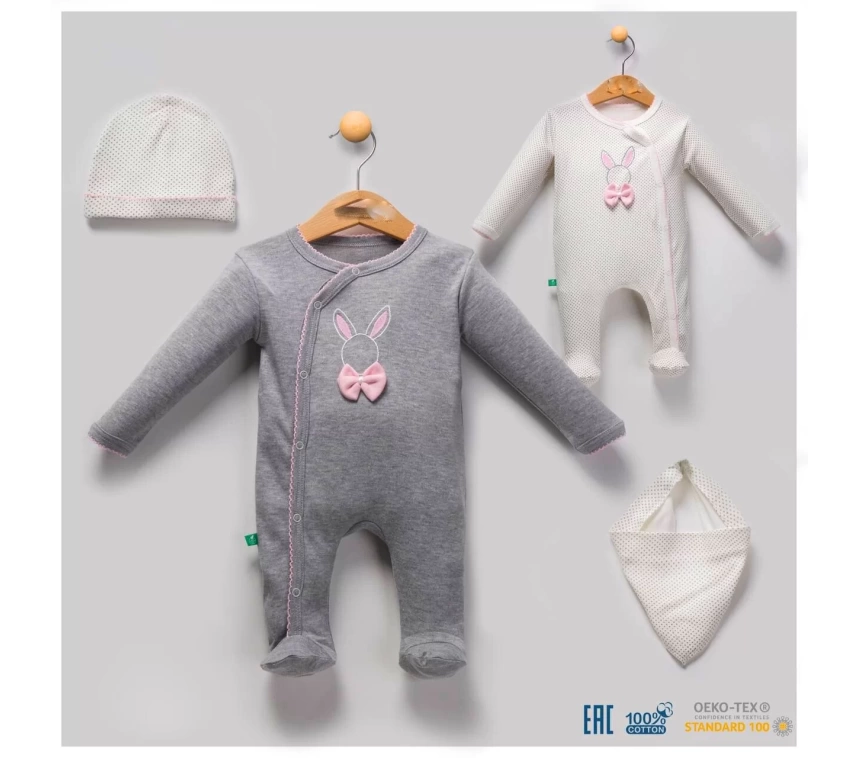 Tavşan Desenli Fiyonklu Kız Bebek 4lü Tulum Seti 100% Pamuk