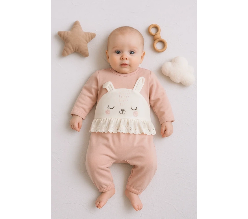 Tavşan Nakışlı Güpürlü % 100 Pamuk Kız Bebek Tulum