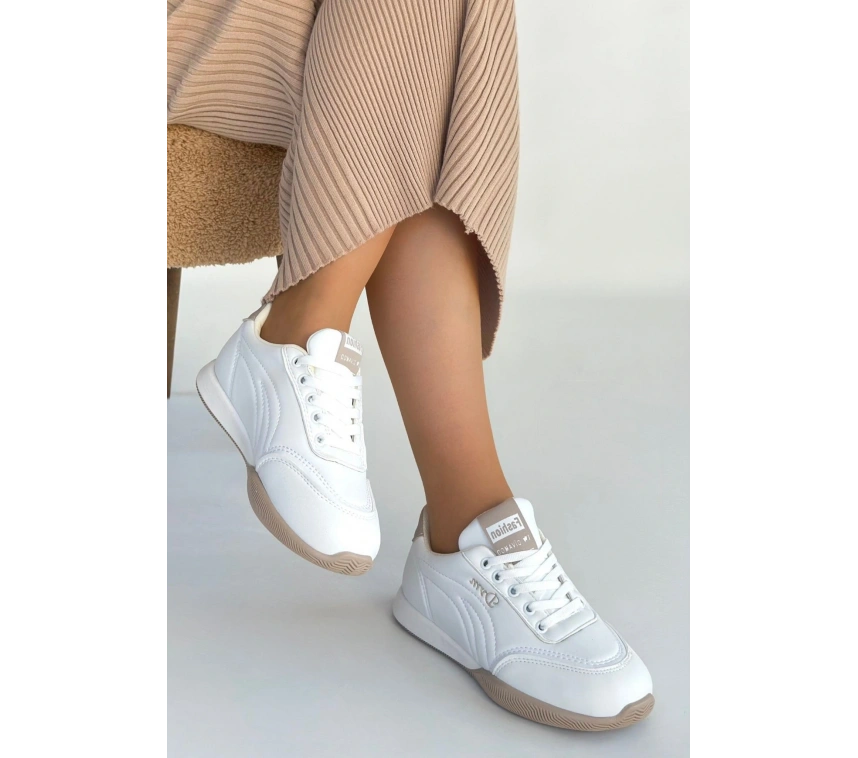 Tawen Beyaz Cilt Bağcıklı Spor Ayakkabı