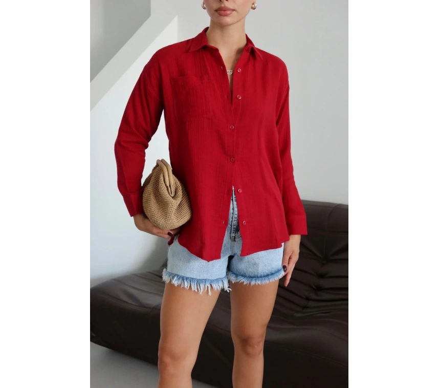 Tek cepli müslin gömlek bordo pt