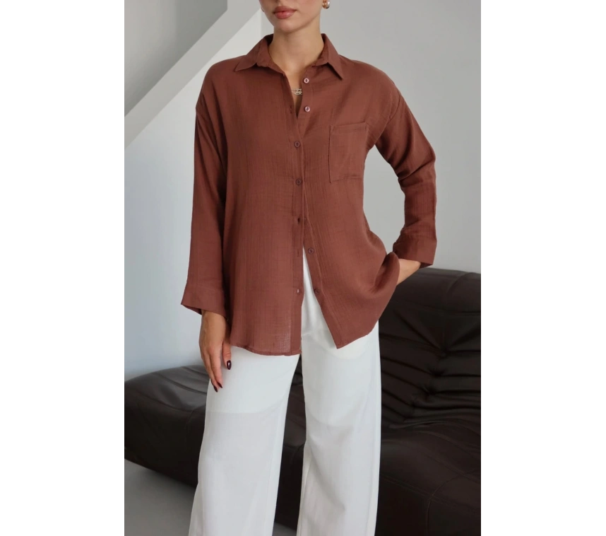 Tek cepli müslin gömlek kahve pt