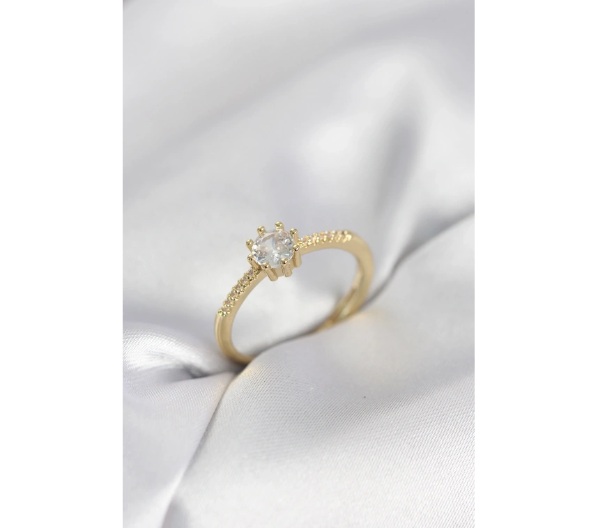 Tek Taş Model Gold Renk Zirkon Taşlı Kadın Yüzük