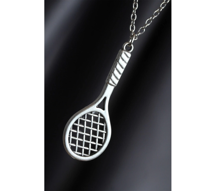 Tenis Raketi Figürlü Gümüş Renk Zincirli Erkek Kolye