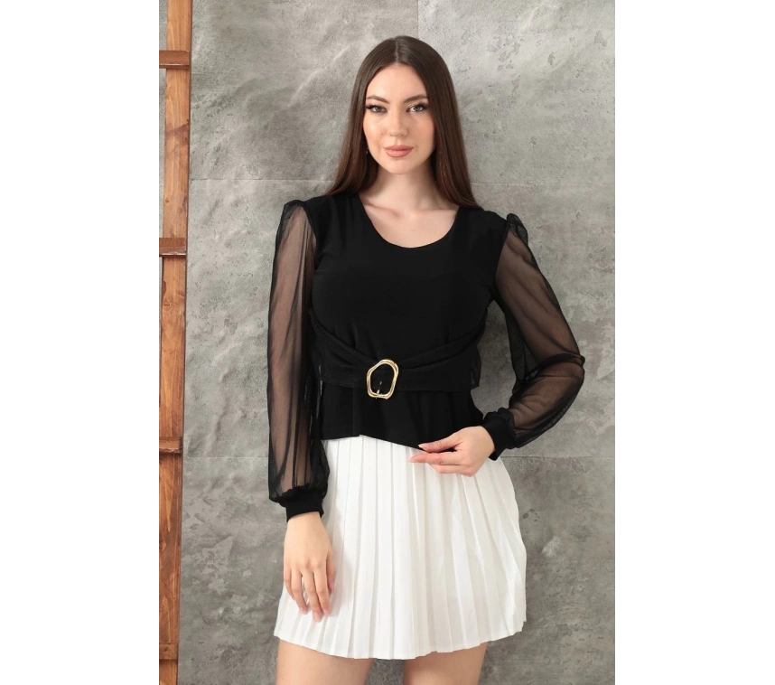 Tokalı tül kollu bluz siyah t4071