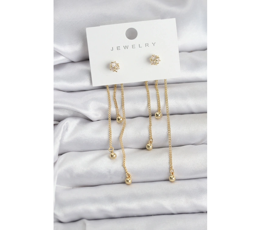 Topçuk Model Gold Renk Pirinç Sallantılı Kadın Küpe Seti