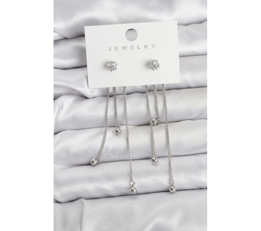 Topçuk Model Gümüş Renk Pirinç Sallantılı Kadın Küpe Seti