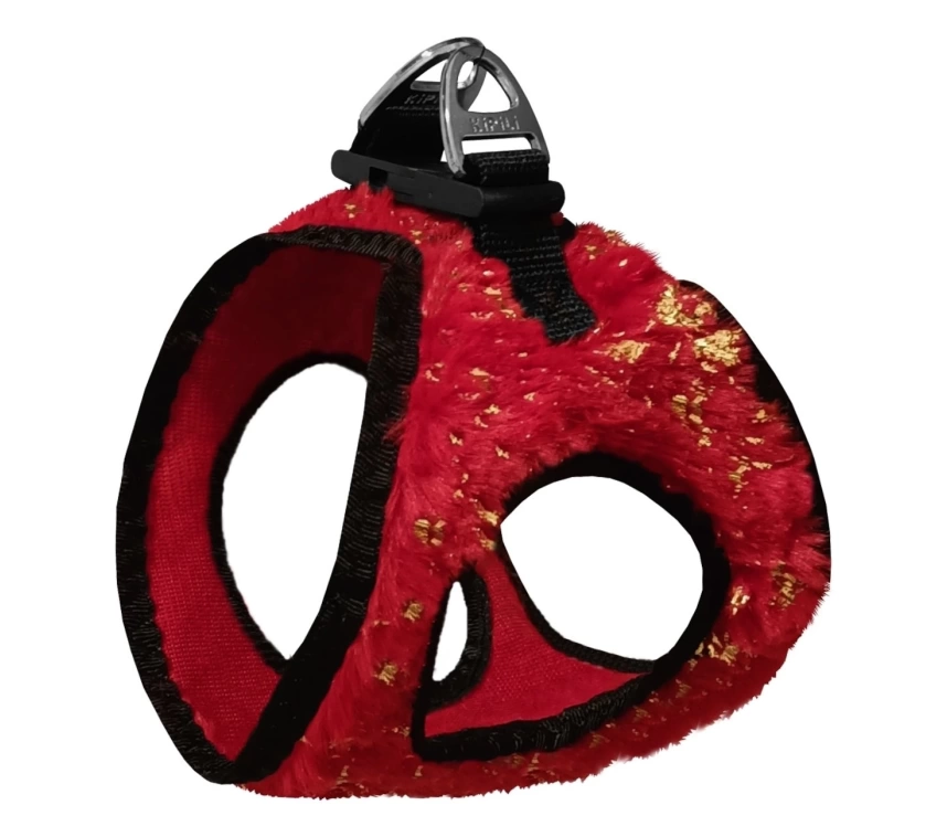 Üç Kilitli Simli Peluş Kedi Köpek Göğüs Tasması 24-28 cm XX-Small Kırmızı