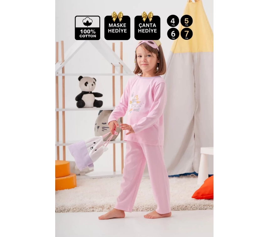 Unicorn Desenli Çanta Ve Maskeli % 100 Pamuk Kız Çocuk Pijama Takımı