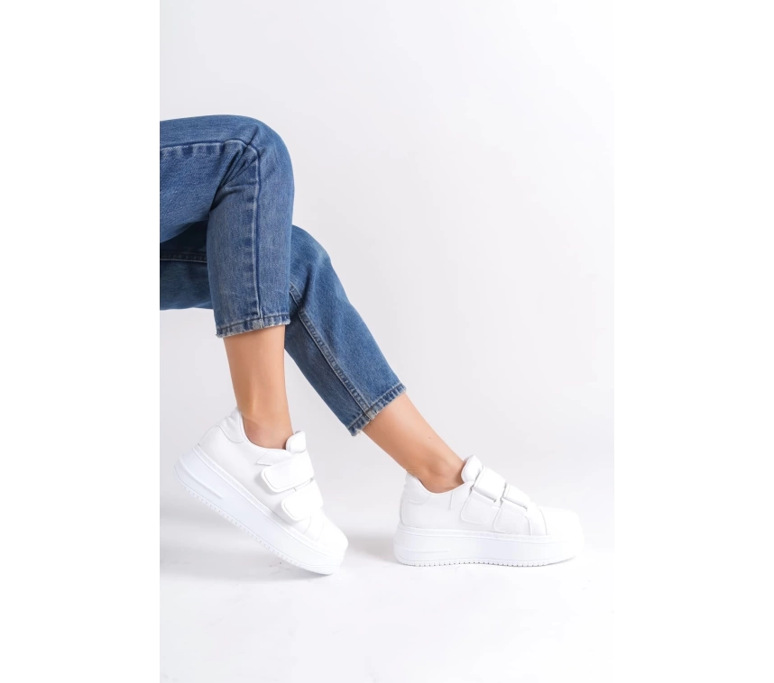 VALENCIA Bağcıksız Cırt Cırtlı Ortopedik Taban Kadın Sneaker Spor Ayakkabı BT - Beyaz