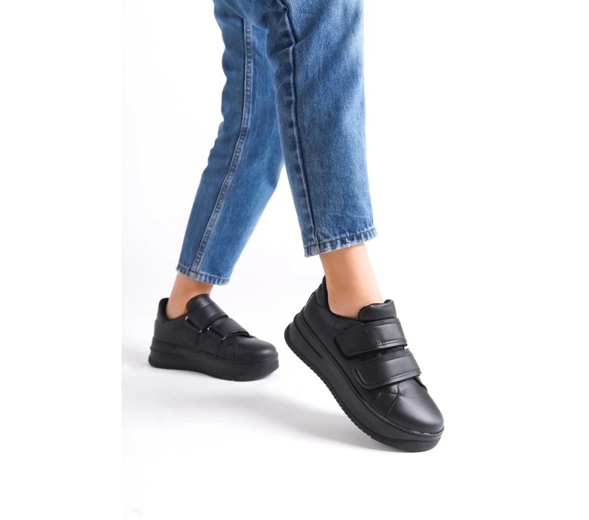 VALENCIA Bağcıksız Cırt Cırtlı Ortopedik Taban Kadın Sneaker Spor Ayakkabı ST - Siyah