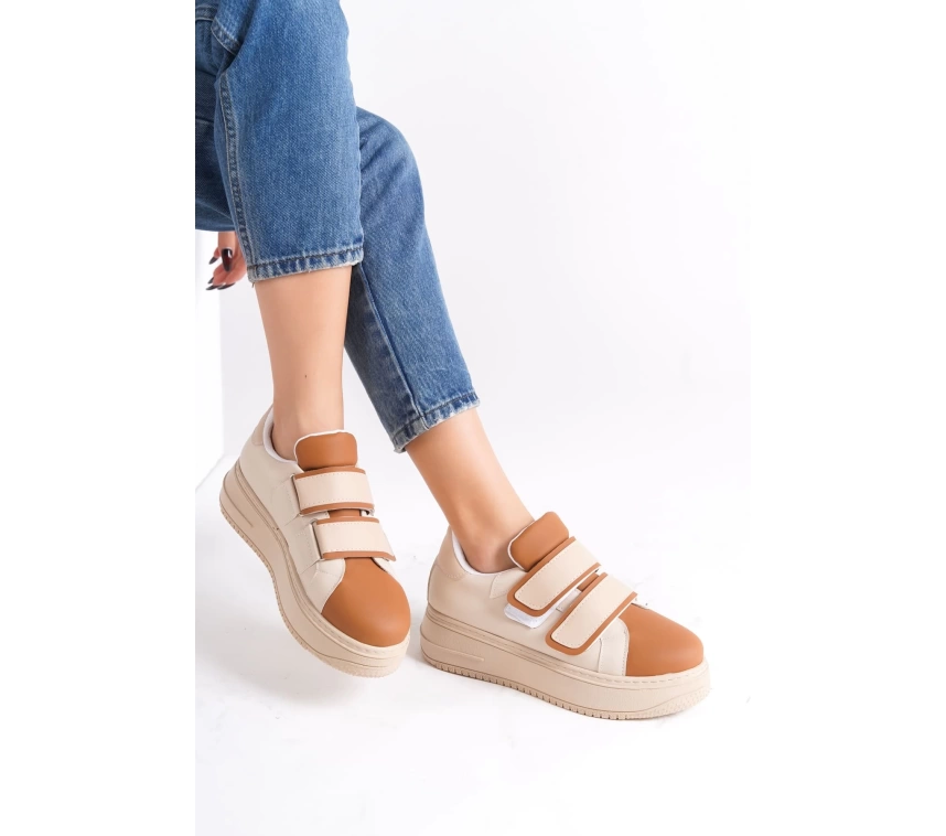 VALENCIA Bağcıksız Cırt Cırtlı Ortopedik Taban Kadın Sneaker Spor Ayakkabı TT - Ten/Kahve