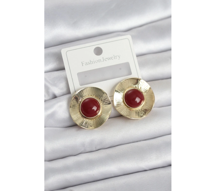 Vintage Model Bordo Gold Renk Pirinç Kadın Küpe